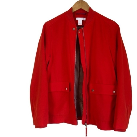 H&M Vivid Coral Red Zip up Bomber Style Minimalist Jacket Preppy Fall Coat Sz 8 - Picture 6 of 16